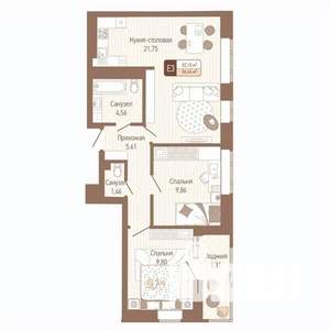 2-к квартира, строящийся дом, 54м2, 5/14 этаж