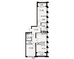 2-к квартира, вторичка, 74м2, 14/16 этаж