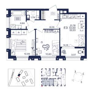 2-к квартира, строящийся дом, 52м2, 6/15 этаж