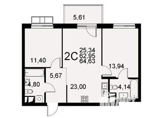 2-к квартира, строящийся дом, 63м2, 2/11 этаж