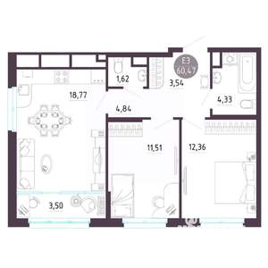 2-к квартира, вторичка, 60м2, 7/10 этаж