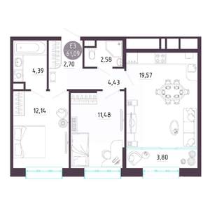 2-к квартира, строящийся дом, 61м2, 2/10 этаж