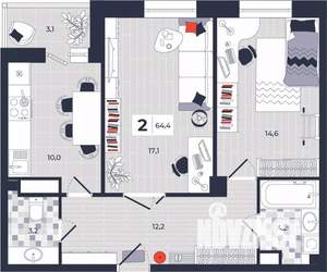 2-к квартира, строящийся дом, 64м2, 4/14 этаж