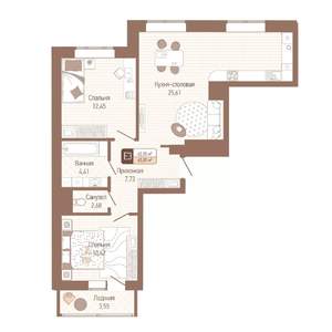 2-к квартира, строящийся дом, 66м2, 2/14 этаж