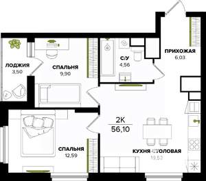 2-к квартира, строящийся дом, 56м2, 22/25 этаж