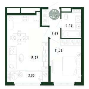 1-к квартира, строящийся дом, 42м2, 2/25 этаж