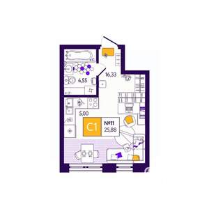 Студия квартира, вторичка, 26м2, 1/12 этаж
