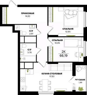 3-к квартира, строящийся дом, 66м2, 18/25 этаж