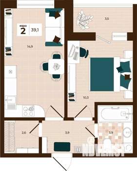 2-к квартира, строящийся дом, 39м2, 3/14 этаж