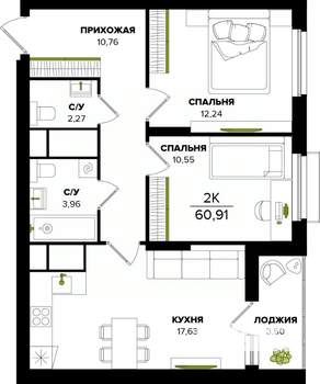 2-к квартира, строящийся дом, 61м2, 6/25 этаж