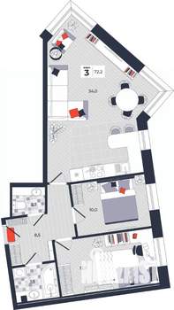 3-к квартира, строящийся дом, 72м2, 13/14 этаж