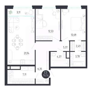 2-к квартира, строящийся дом, 80м2, 2/8 этаж