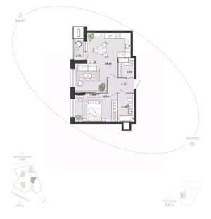 1-к квартира, вторичка, 59м2, 12/21 этаж