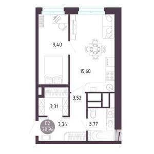 1-к квартира, строящийся дом, 39м2, 9/10 этаж