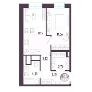 1-к квартира, строящийся дом, 40м2, 2/10 этаж
