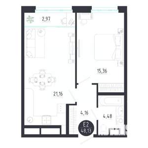 1-к квартира, строящийся дом, 48м2, 4/8 этаж