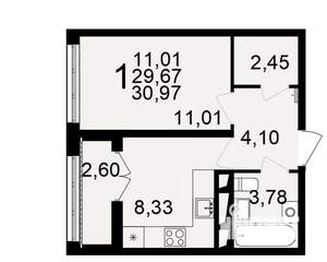 1-к квартира, строящийся дом, 30м2, 13/18 этаж