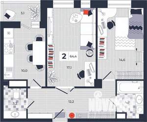 2-к квартира, вторичка, 64м2, 11/14 этаж
