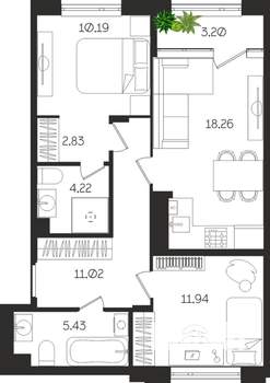 2-к квартира, вторичка, 67м2, 1/4 этаж