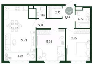 2-к квартира, строящийся дом, 66м2, 13/25 этаж
