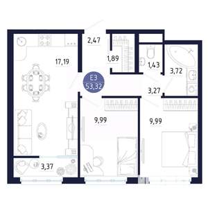 2-к квартира, строящийся дом, 53м2, 17/25 этаж