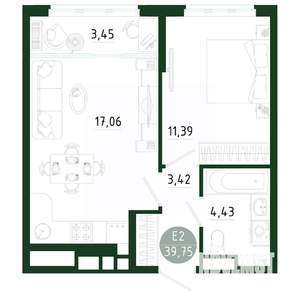 1-к квартира, строящийся дом, 40м2, 22/25 этаж
