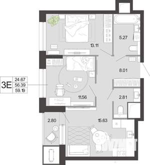 2-к квартира, вторичка, 59м2, 2/21 этаж