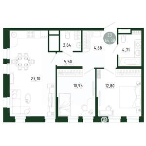2-к квартира, строящийся дом, 64м2, 6/25 этаж