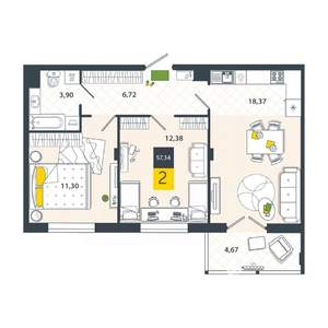 2-к квартира, вторичка, 57м2, 3/8 этаж