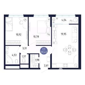 2-к квартира, вторичка, 59м2, 22/25 этаж