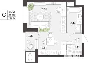 Студия квартира, вторичка, 38м2, 2/21 этаж