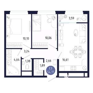 2-к квартира, строящийся дом, 54м2, 25/25 этаж
