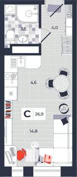 Студия квартира, строящийся дом, 27м2, 13/14 этаж