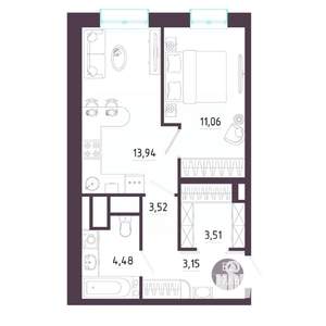 1-к квартира, строящийся дом, 40м2, 10/10 этаж