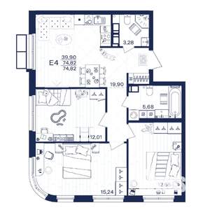 3-к квартира, строящийся дом, 75м2, 12/15 этаж