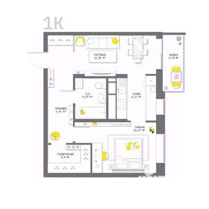 1-к квартира, вторичка, 54м2, 7/13 этаж