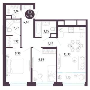 2-к квартира, вторичка, 57м2, 2/10 этаж