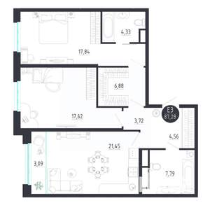 2-к квартира, строящийся дом, 87м2, 4/8 этаж