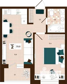 2-к квартира, строящийся дом, 40м2, 11/14 этаж