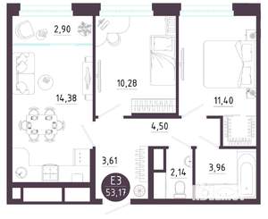 2-к квартира, вторичка, 53м2, 2/10 этаж