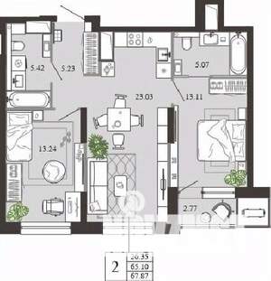 2-к квартира, вторичка, 68м2, 16/21 этаж