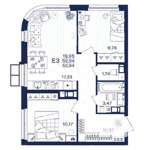 2-к квартира, строящийся дом, 53м2, 11/15 этаж