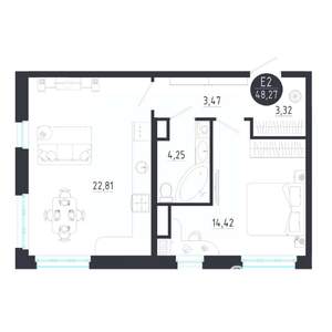 1-к квартира, строящийся дом, 48м2, 4/8 этаж