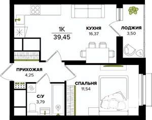 1-к квартира, строящийся дом, 39м2, 18/25 этаж