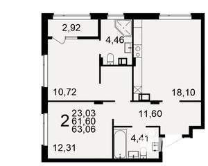 2-к квартира, вторичка, 63м2, 6/10 этаж