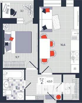 2-к квартира, строящийся дом, 42м2, 4/14 этаж