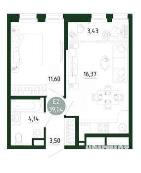 1-к квартира, строящийся дом, 39м2, 19/25 этаж