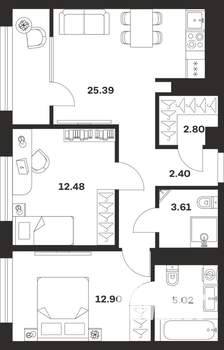 2-к квартира, строящийся дом, 65м2, 3/25 этаж