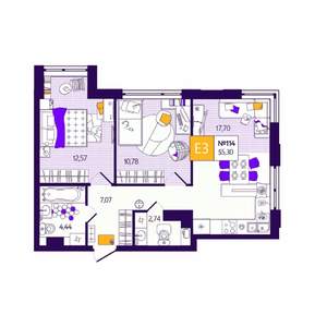 2-к квартира, вторичка, 55м2, 8/12 этаж
