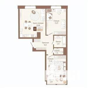 2-к квартира, вторичка, 64м2, 7/14 этаж